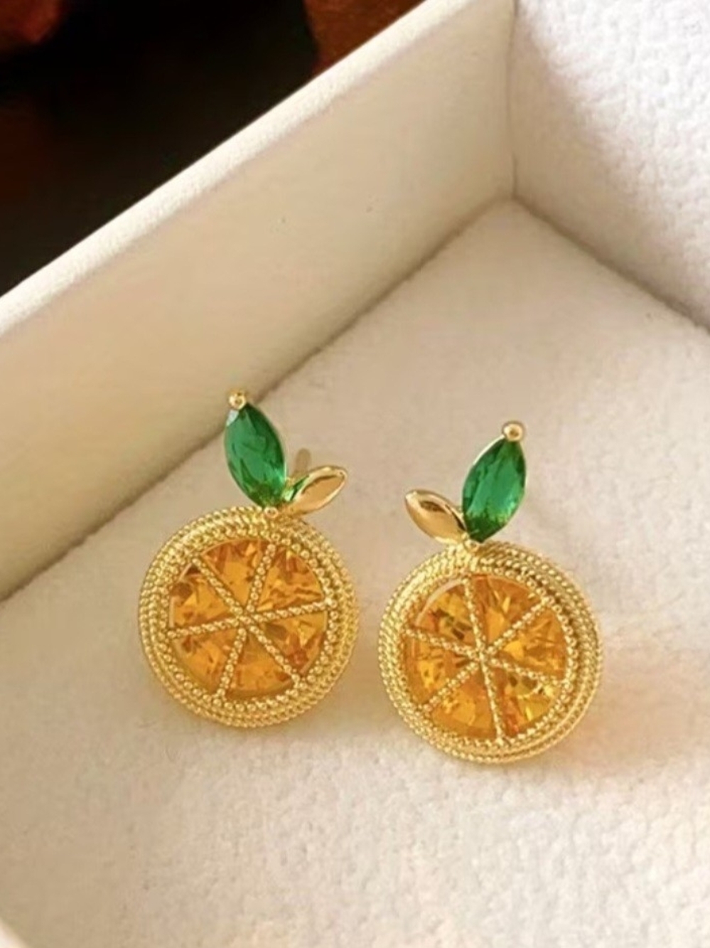Gold-tone Lemon Citrus Slice Stud Earrings with Green Crystal Leaves